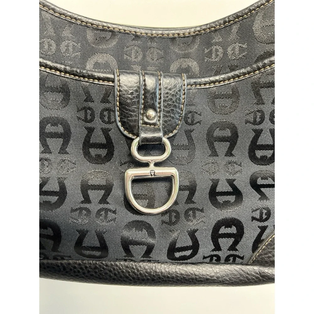 Aigner Black Logo Canvas Leather Trim Strap Shoulder Handbag Retro‎ Classic